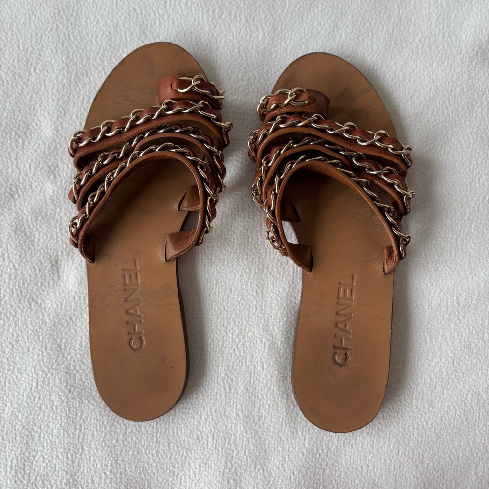 CHANEL Tan Leather Chain Sandals